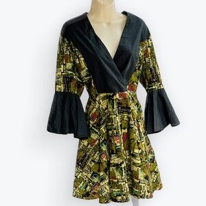 Woodin Dress: Olive/Aqua/Deep Magenta with Black Accents & Belled Sleeves ~ 16